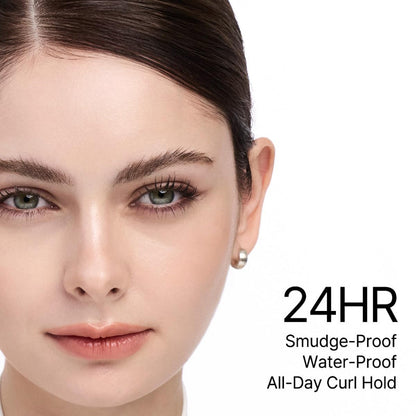 Close-up eye with long curled dark lashes from superproof mascara
