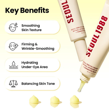 Eye cream tube with three yellow cream dollops beside key benefits icons
