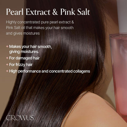 Dark straight hair with hair oil bottle near side, glossy smooth-looking strands