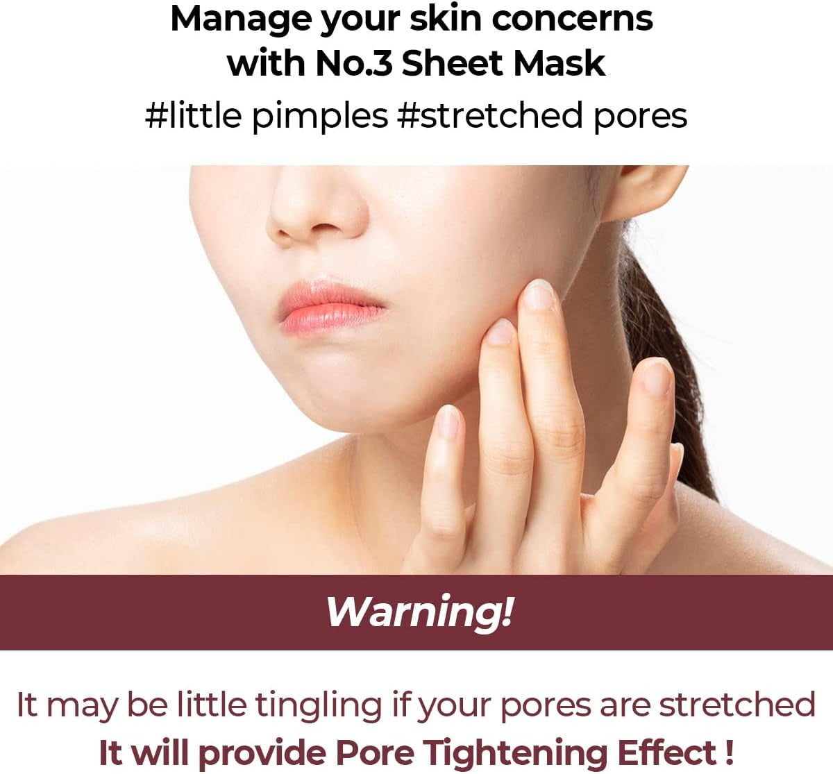 Sheet mask multipack ad: person applying No.3 sheet mask with warning about tingling pores