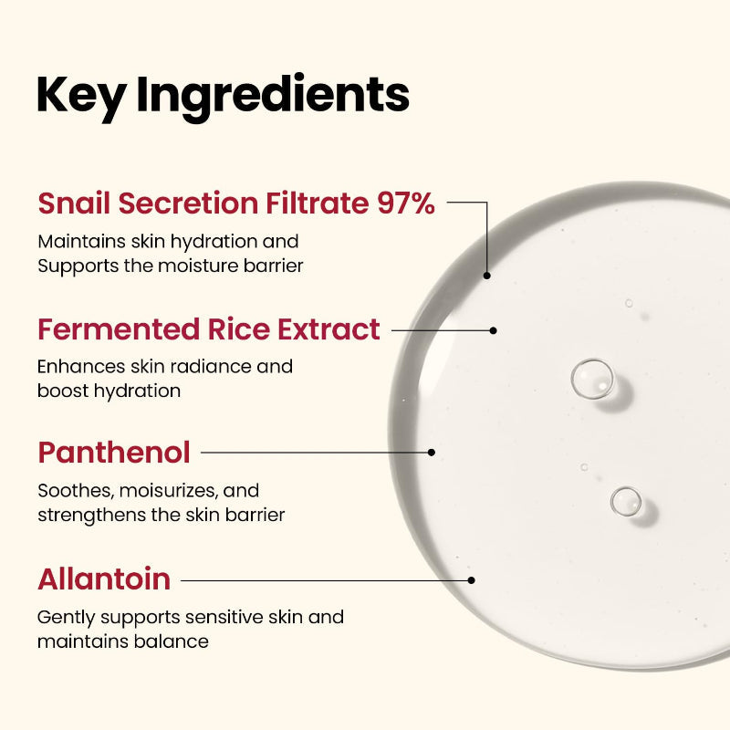 Facial essence key ingredients diagram with translucent gel swatch