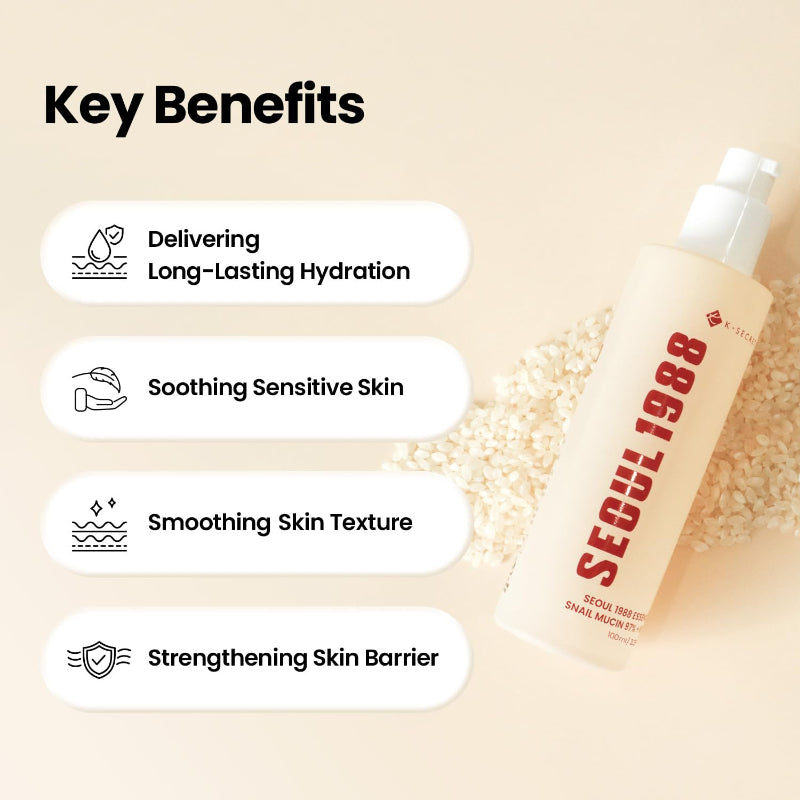 Facial essence key benefits icons with bottle
