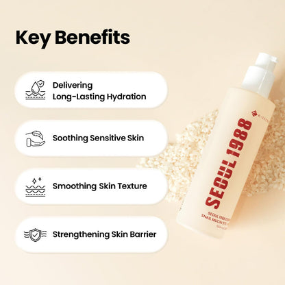 Facial essence key benefits icons with bottle