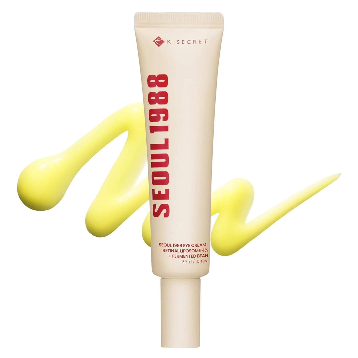 K-SECRET eye cream tube with red vertical label and white nozzle applicator