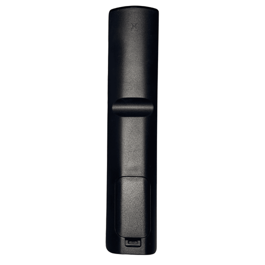 Universal remote control, black, side view with grip and power button