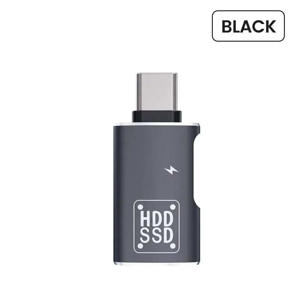 Black USB-C OTG adapter with HDD SSD label and top USB-C male plug