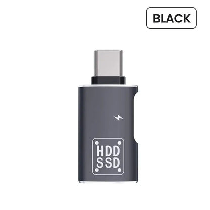 Black USB-C OTG adapter with HDD SSD label and top USB-C male plug