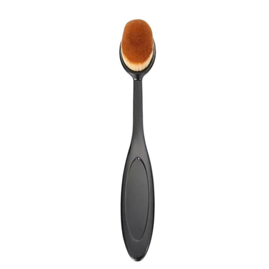 Flat foundation brush with oval brown bristles and black curved handle