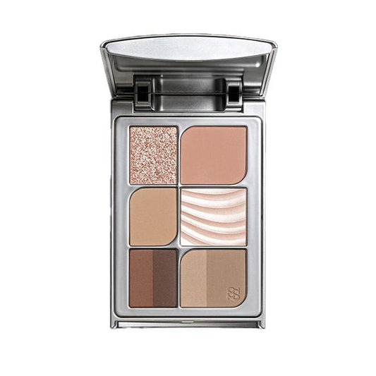Compact face palette with six warm neutral pans: shimmer rose, beige, and browns