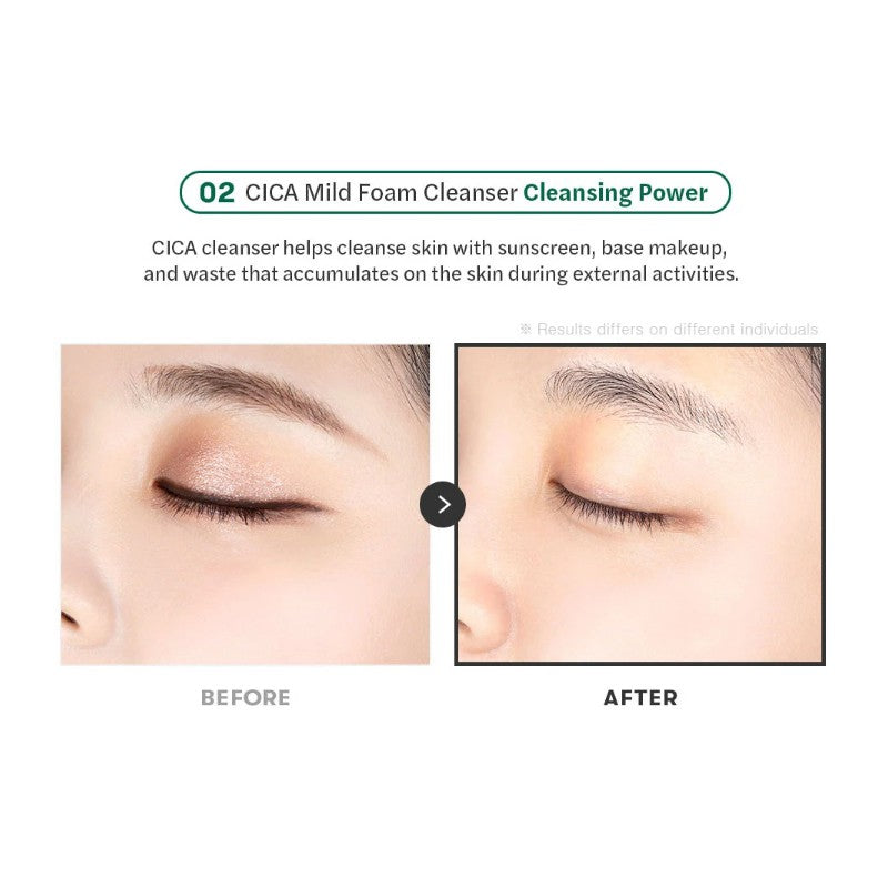 Cica Mild Foam Cleanser cleansing power infographic with before and after face close-ups