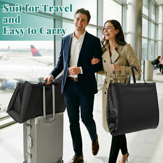Black long garment bags with carry handles, shown being carried for travel