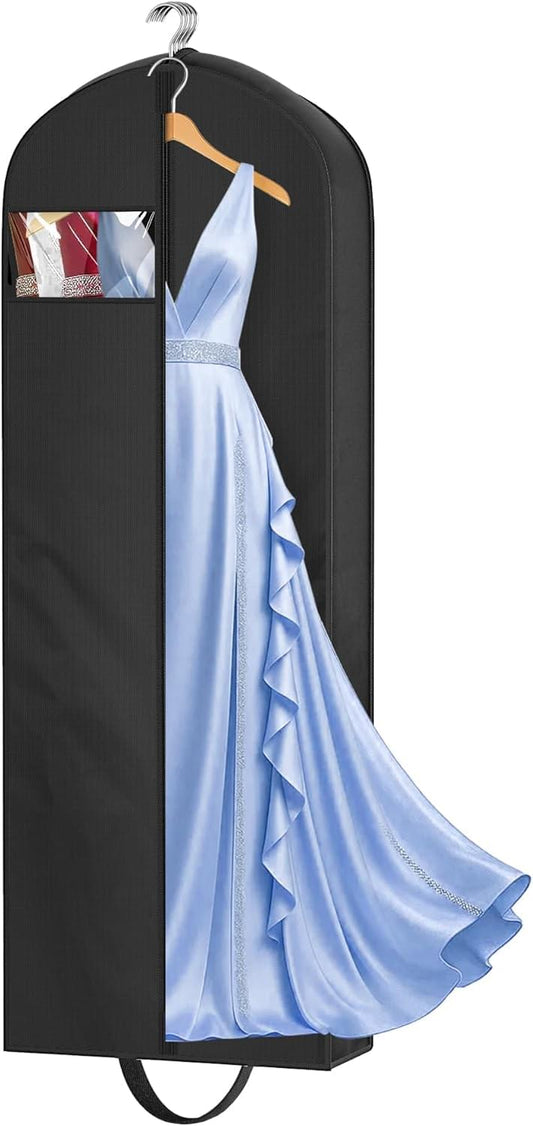Black long garment bag with zip and hanger loop, open view showing dress inside