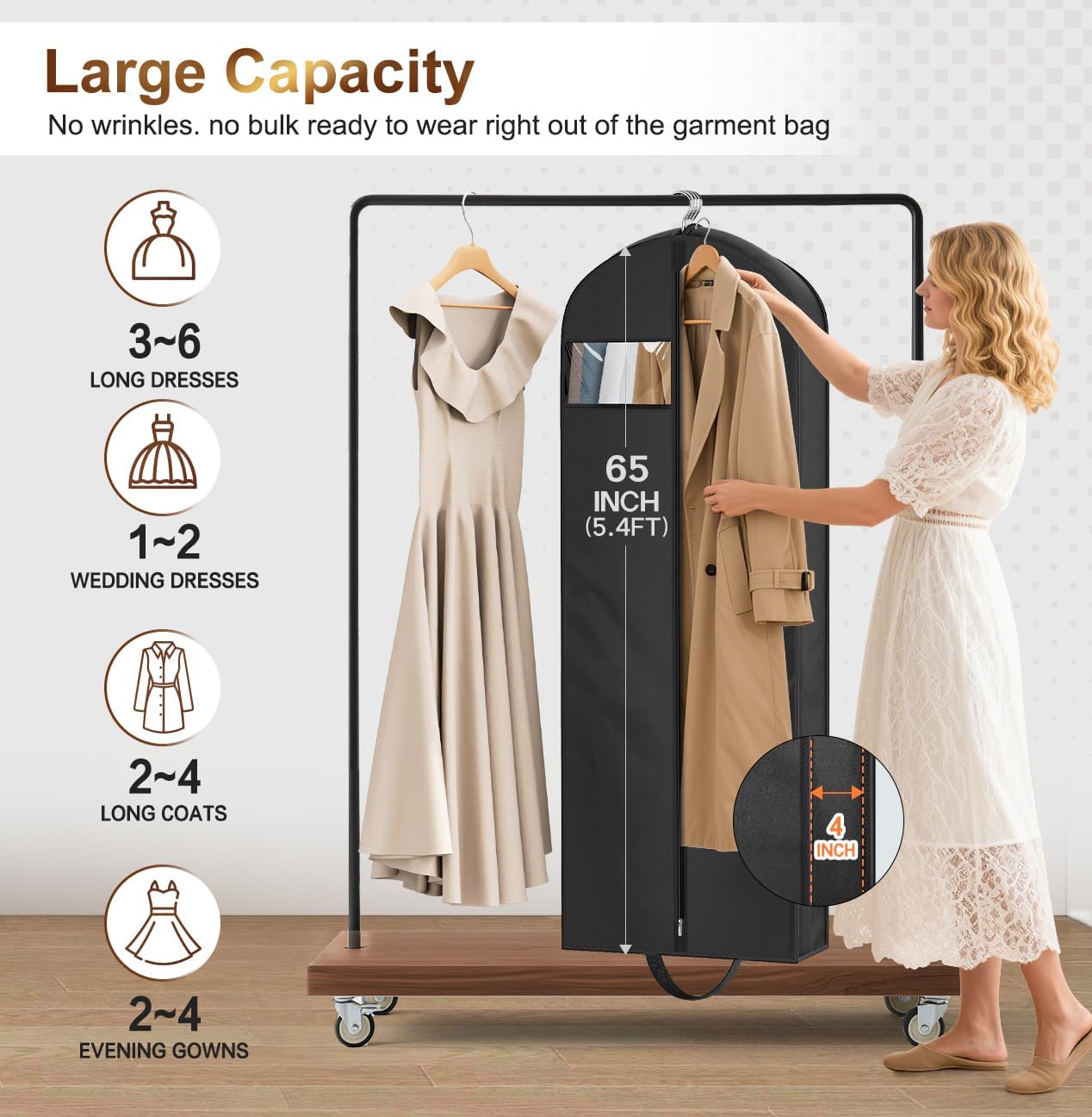 65" Long Garment Bags for Travel for Women 4" Gusseted Dress Bags for Gowns Waterproof Dress Protector Bag for Closet Storage Clothing Covers for Hanging Clothes Wedding Dresses Storage