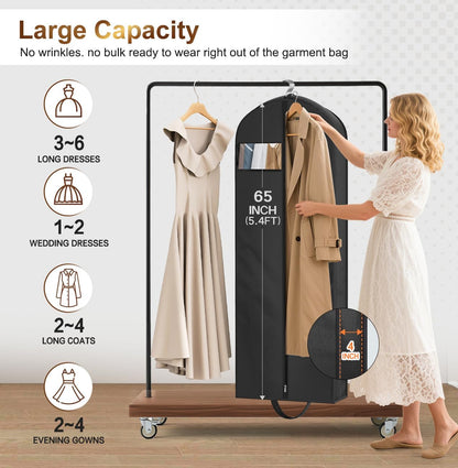 65" Long Garment Bags for Travel for Women 4" Gusseted Dress Bags for Gowns Waterproof Dress Protector Bag for Closet Storage Clothing Covers for Hanging Clothes Wedding Dresses Storage