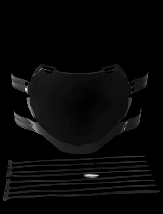 Black protective front plate with molded shape and side mounting straps