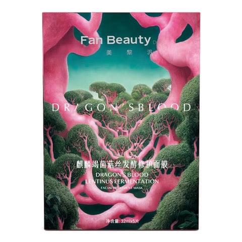 Dragon's Blood Lentinus fermentation facial mask box with purple-pink forest artwork