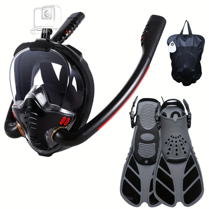 Full-face snorkel mask set with black clear visor, fins, and mesh storage bag