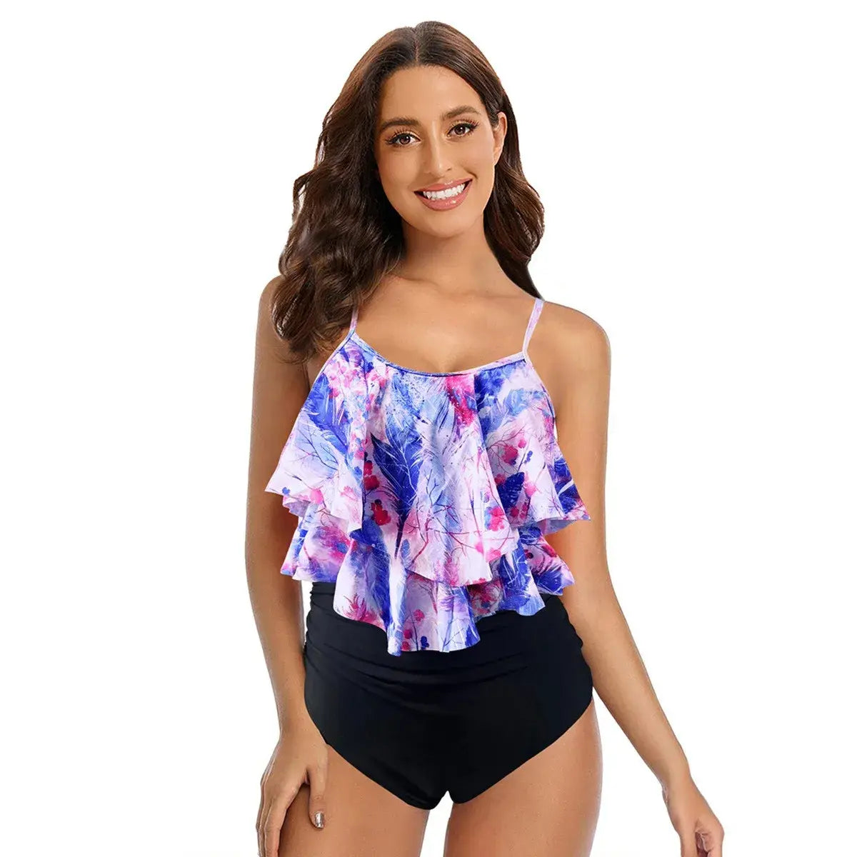 Two-piece ruffle tankini swimsuit with blue/purple palm print ruffled top; high-waist black briefs
