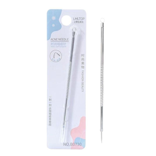 Stainless steel acne needle extractor tool with protective cap, straight double-ended design