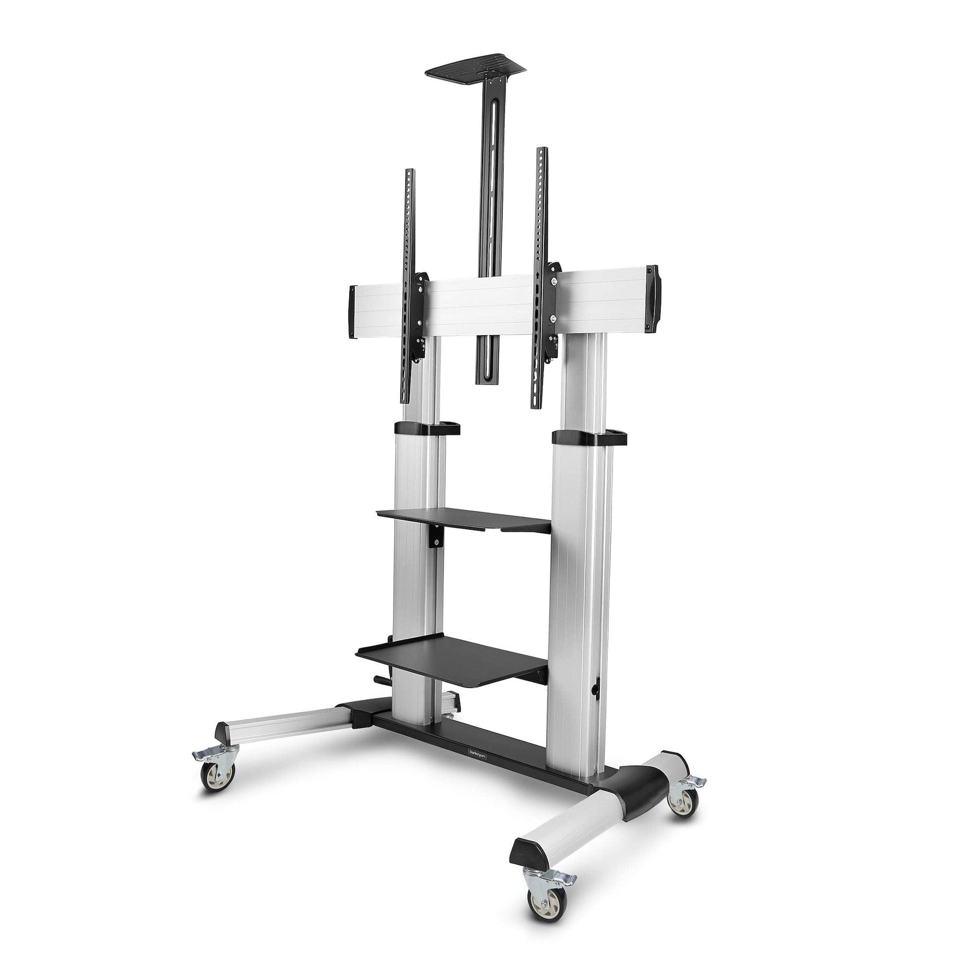Silver TV rolling cart with height-adjust mount, shelves, and four caster wheels