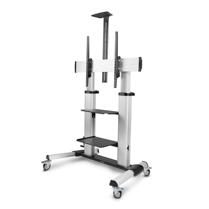 Silver TV rolling cart with height-adjust mount, shelves, and four caster wheels