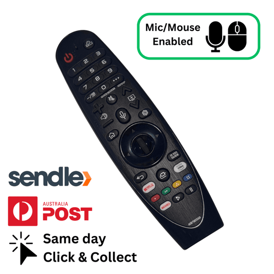 Dark TV remote control with microphone and mouse-enabled button controls