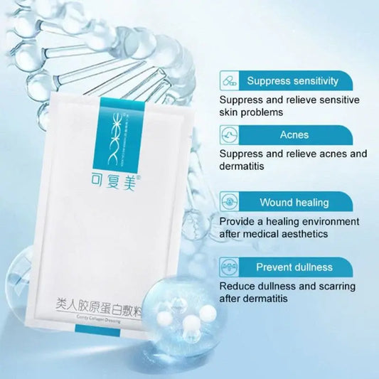 White recombinant collagen dressing sachet with blue label and small medical icons
