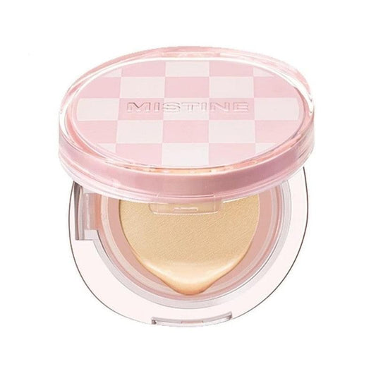 Soft matte air cushion compact with clear pink check-pattern lid and beige cushion pad