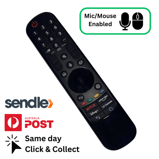 Black TV remote control with microphone button and channel, volume, and Netflix keys