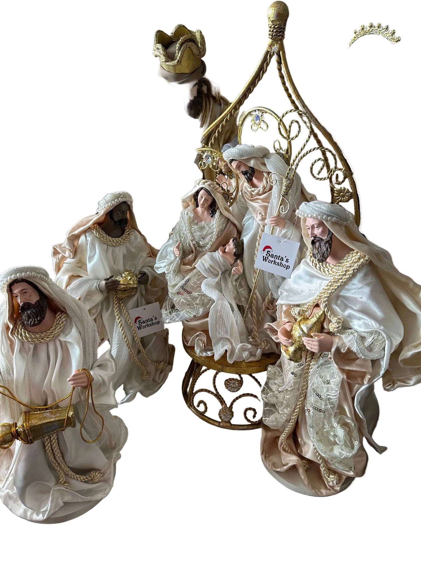 45cm Gold & White Holy Family Nativity Set in Gazebo – Handmade Christmas Religious Decoration with 3 Wise Men