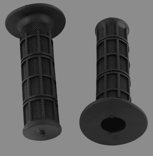 Black handlebar grips with textured mesh and ribbed strap rings