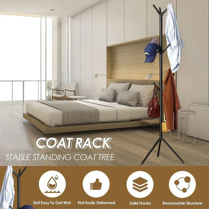 6Hooks Coat Stand Rack Clothes Hanger Hat Tree Jacket Umbrella Storage Organizer - Black