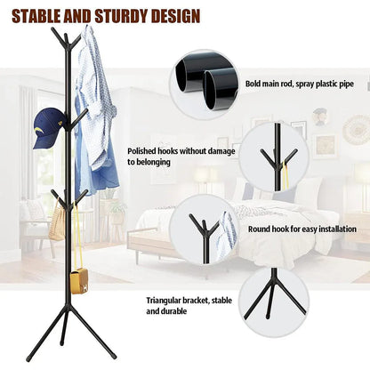6Hooks Coat Stand Rack Clothes Hanger Hat Tree Jacket Umbrella Storage Organizer - Black