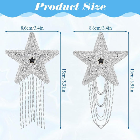 Silver rhinestone star iron-on patch size diagram, 8.6cm by 5.1cm