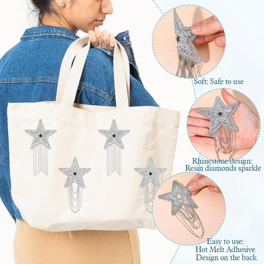 Silver rhinestone star iron-on patch with dangling chain tassels