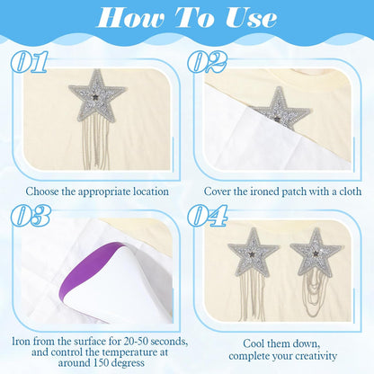 6PCS Rhinestone Star Iron on Patches, Shiny Silver Rhinestone Tassel Star with Chains Glitter Sequin Patches for Trucker Hats Jeans Bags Backpacks Jackets Denim DIY Appliques Art Crafts