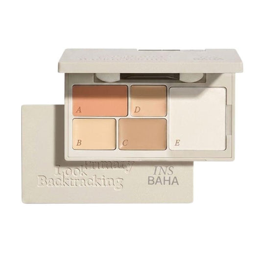 5-pan concealer palette with peach, beige, and light setting shades in open case