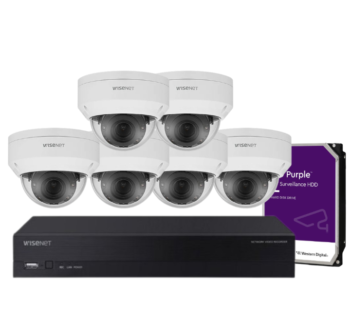 Hanwha Wisenet 8‑Camera CCTV Kit – CT‑ANV‑L7082R 4 MP Dome + CT‑ARN‑810S 8‑Ch 8 MP AI NVR with HDD – Outdoor Vandal‑Resistant, H.265, PoE+