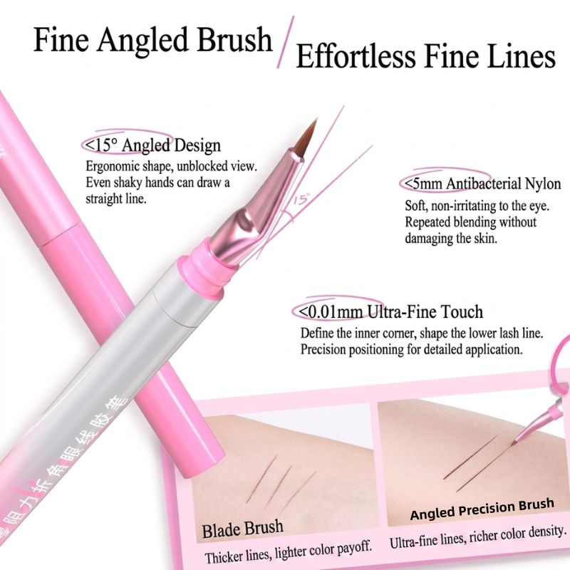 Dual-ended angled eyeliner pen with fine brush tip and ultra-fine inner corner tip