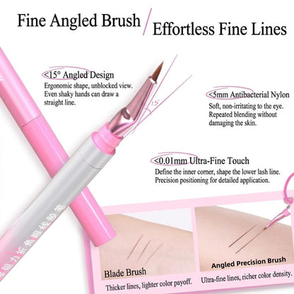 Dual-ended angled eyeliner pen with fine brush tip and ultra-fine inner corner tip