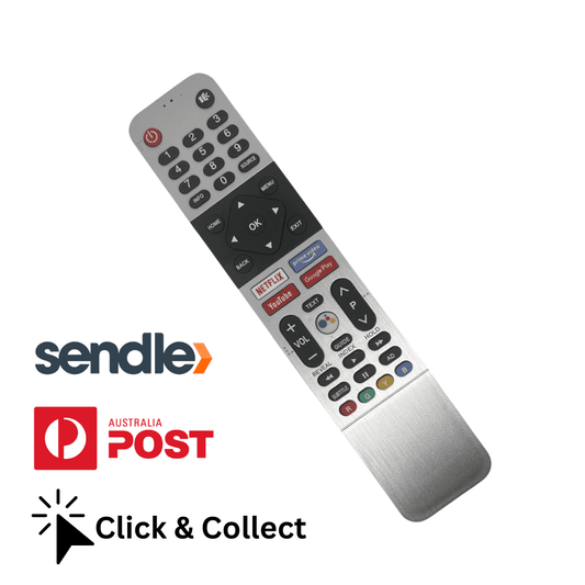 Kogan TV remote control, silver top and black button panel