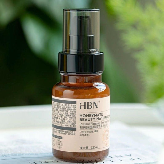 HBN retinol firming serum bottle with black pump; amber glass bottle, 120ml