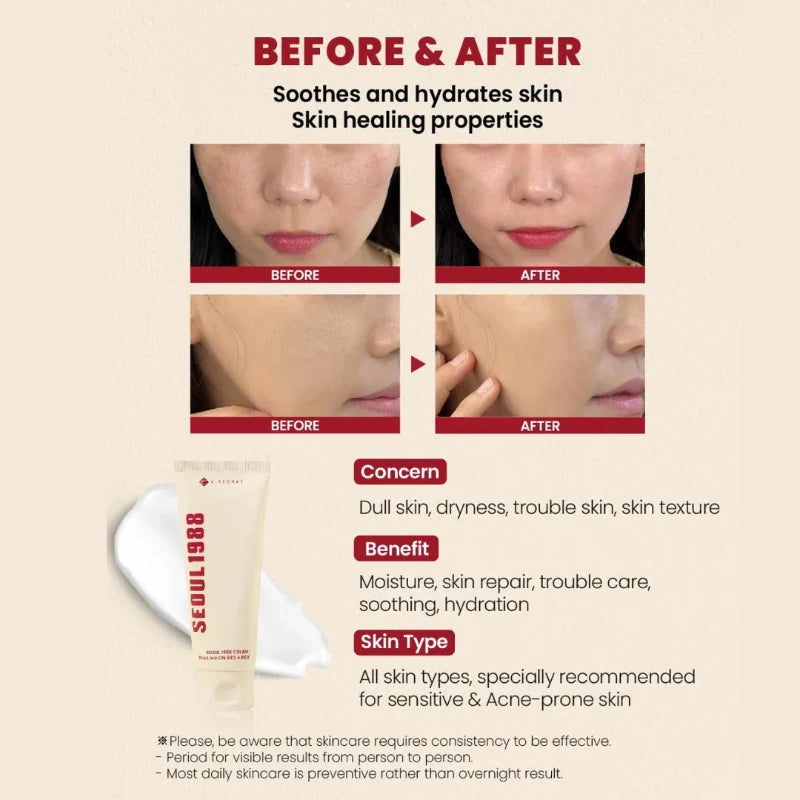 Cream tube beside a before-and-after face comparison chart