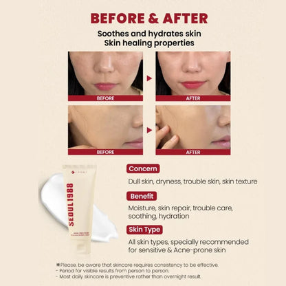 Cream tube beside a before-and-after face comparison chart