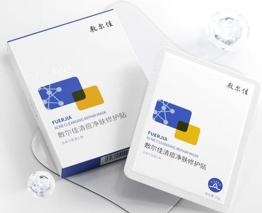 White acne mask box and individual mask pouch, blue and yellow label