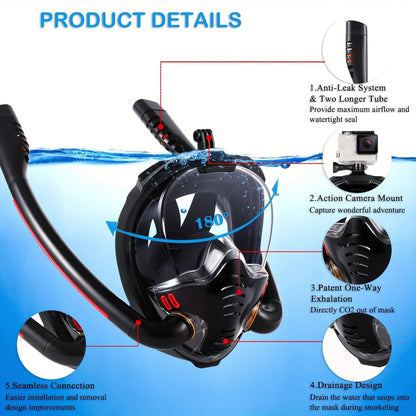 Full-face snorkel mask with clear visor, black snorkel, and action camera mount