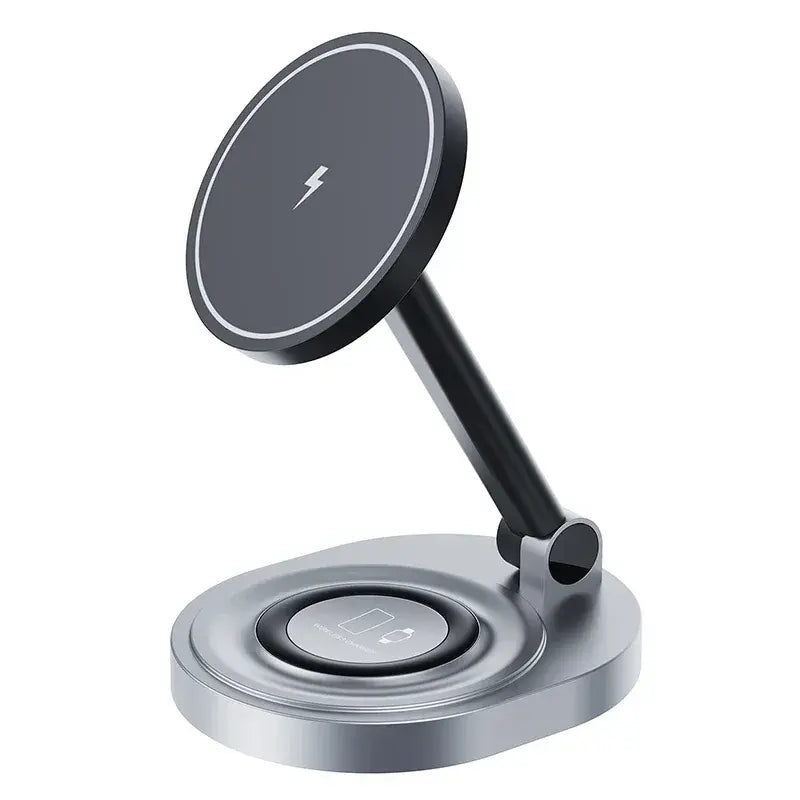 Magnetic wireless charging stand with circular top pad and charging base