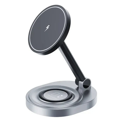 Magnetic wireless charging stand with circular top pad and charging base