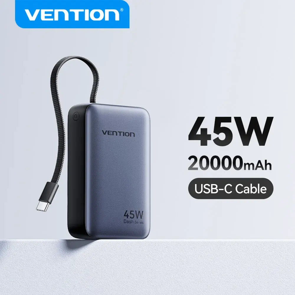 Vention 45W 20000mAh portable power bank with USB-C cable, dark blue case