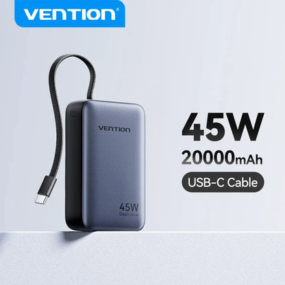 Vention 45W 20000mAh portable power bank with USB-C cable, dark blue case
